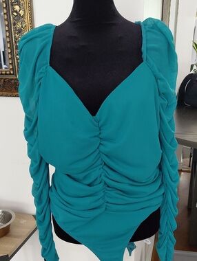 Forever 21 Teal Ruched Long-Sleeve Bodysuit